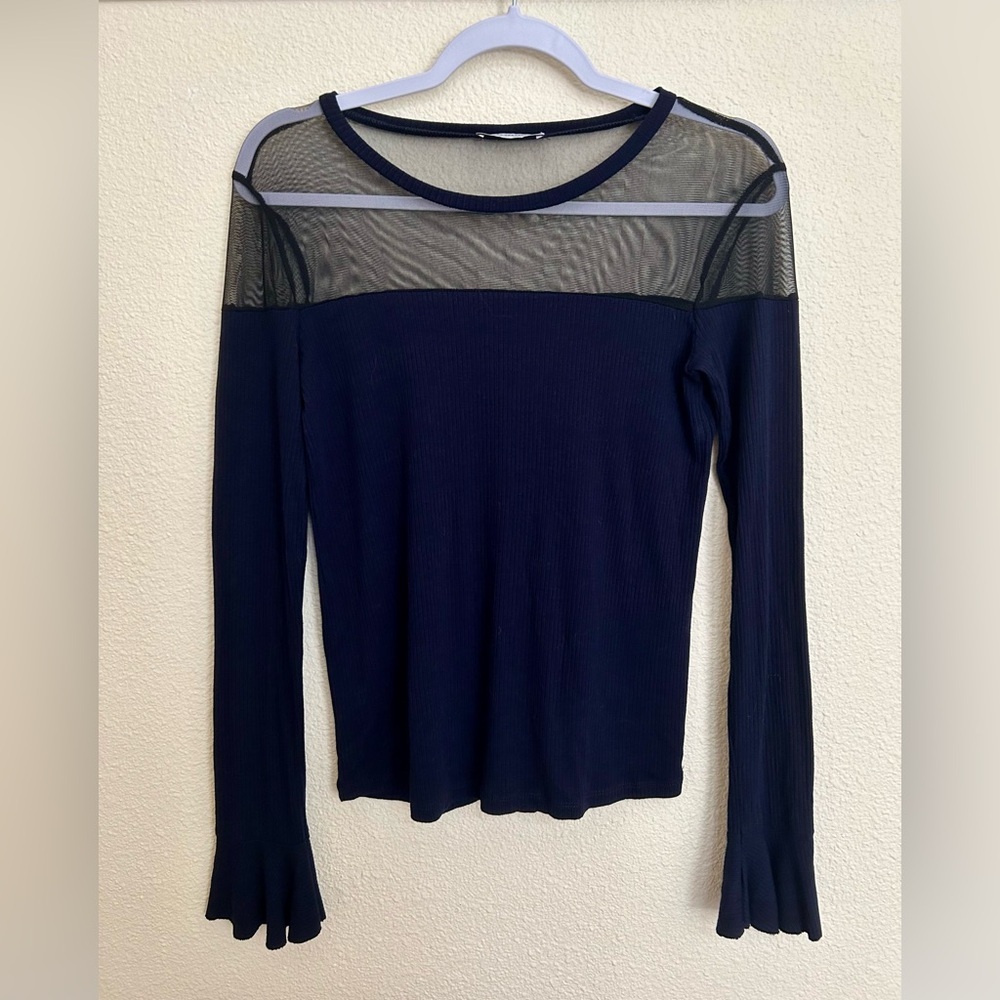 Zara Navy Mesh Panel Long Sleeve Top With Flared Cuffs Size M - Picture 2 of 7